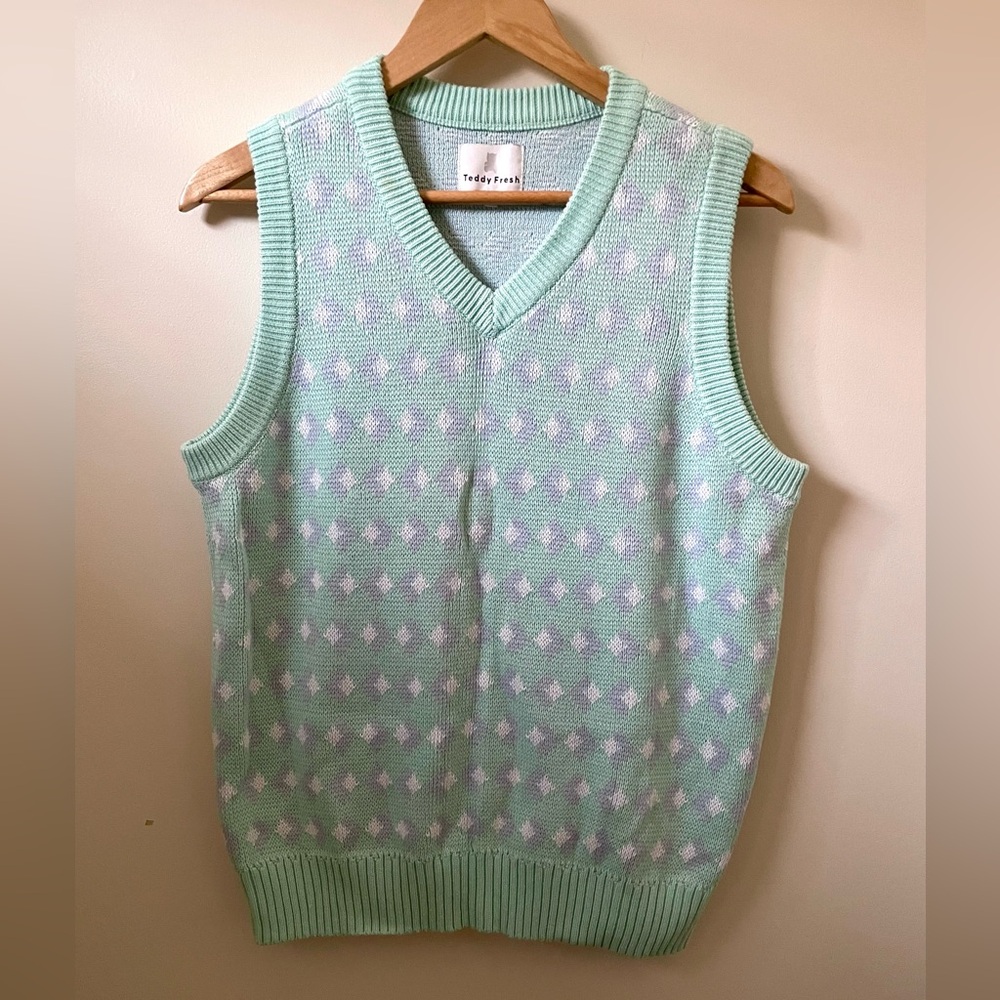 Teddy Fresh Sweater Vest in Mint, Lavender, & White - Unisex XS
